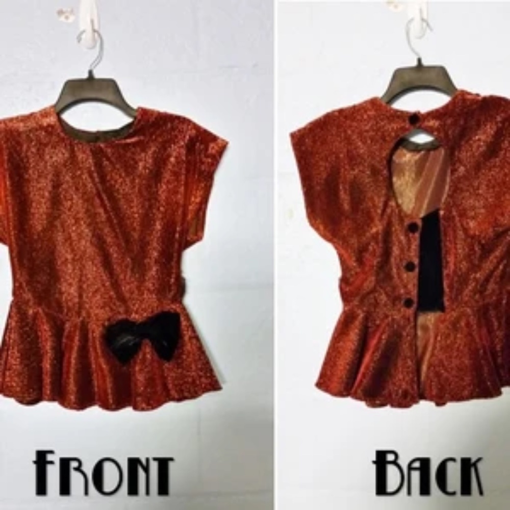 Vintage Copper and Black Glitter Velvet Bow and Feathers Peplum Top